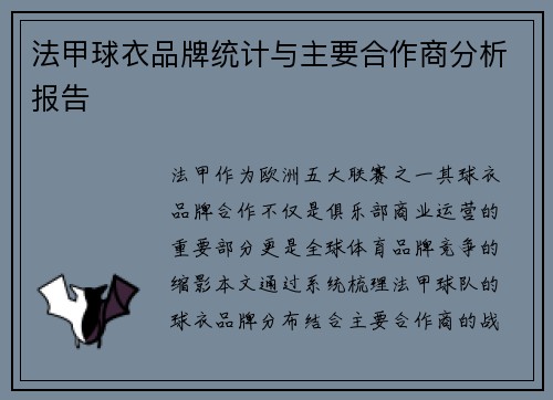 法甲球衣品牌统计与主要合作商分析报告
